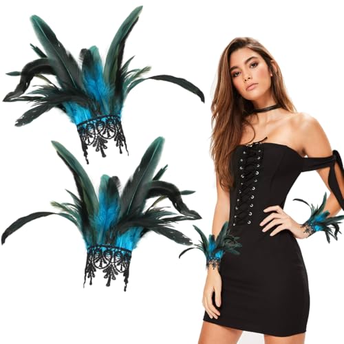 Feder Manschetten Blau, Gothic Federn Armbänder, Federn Kostüm, Federarmband, Federn Accessoires für Halloween Fasching Karneval Cosplay Dress Up Party von Aurasky