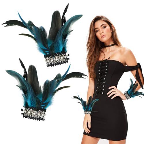 Feder Manschetten Blau, Gothic Federn Armbänder, Federn Kostüm, Federarmband, Federn Accessoires für Halloween Fasching Karneval Cosplay Dress Up Party von Aurasky