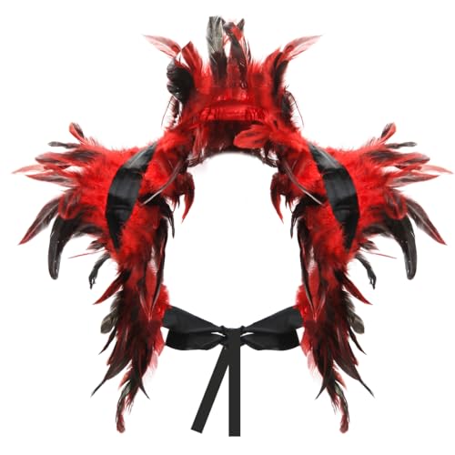 Aurasky Federkragen Rot, Gothic Feder Achselzucken, Federumhang Kostüm, Feder Cape Rot, Feder Schal, Feder Epauletten, Vogelkostüm für Halloween Fasching Karneval Cosplay Maskerade von Aurasky