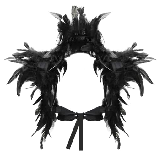 Aurasky Federkragen Schwarz, Gothic Feder Achselzucken, Federumhang Kostüm, Feder Cape, Feder Schal Schwarz, Feder Epauletten, Vogelkostüm für Halloween Fasching Karneval Cosplay Maskerade von Aurasky