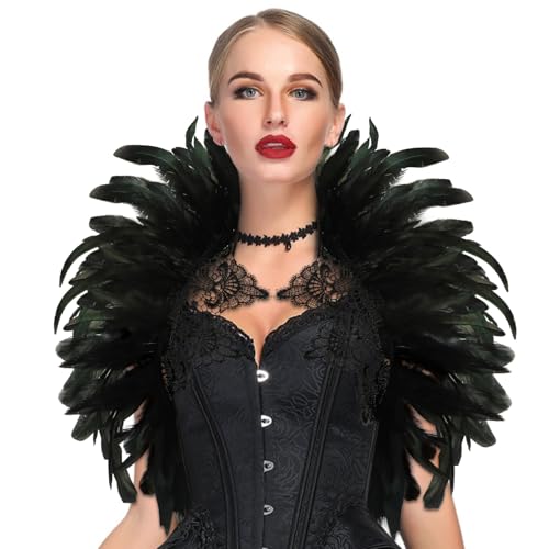 Aurasky Federkragen Schwarz Spitze, Gothic Kostüm, Feder Cape, Federschal, Federumhang Damen, Feder Achselzucken, Raben Kostüm für Halloween Fasching Karneval Cosplay Maskerade von Aurasky