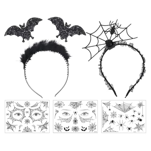 Aurasky Fledermaus Haarreif, Spinnennetz Haarreif, Temporäre Tattoos, Halloween Kopfschmuck, Halloween Kostüm Accessoires, Haarschmuck für Karneval Maskerade Fasching Cosplay Dress-up von Aurasky