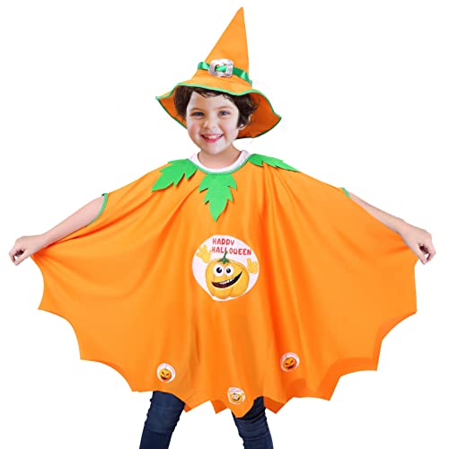 Aurasky Halloween Kürbis Kostüm Kinder, Fledermaus Umhang Orange Mädchen, Umhang Kürbis mit Hut für Halloween Cosplay Party, Kürbiskostüm Halloween Mädchen Junge von Aurasky