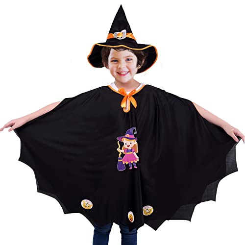 Aurasky Halloween Fledermaus Kostüm Kinder, Fledermaus Umhang Hexe Mädchen, Schwarz Umhang Hexe mit Hut für Halloween Cosplay Party, Hexenkostüm Halloween Mädchen Junge von Aurasky