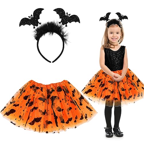 Aurasky Hexenkostüm Kinder, Halloween Kostüm Mädchen, Fledermaus Rock mit Haarband, Hexe Tutu Orange, Hexe Kostüm für Karneval Halloween Fasching Cosplay Party von Aurasky