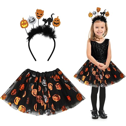 Aurasky Hexenkostüm Kinder, Halloween Kostüm Mädchen, Kucurbit Rock mit Haarband, Hexe Tutu Orange, Hexe Kostüm für Karneval Halloween Fasching Cosplay Party von Aurasky