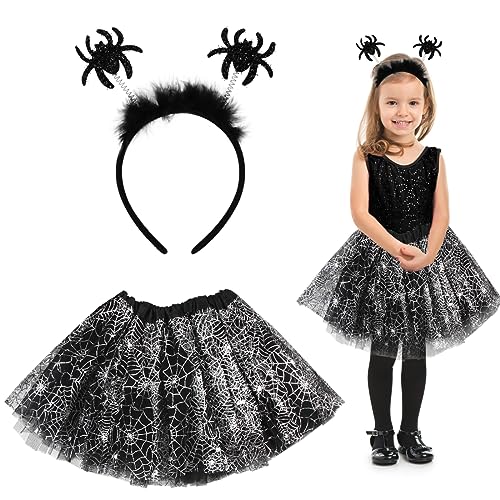 Aurasky Hexenkostüm Kinder, Halloween Kostüm Mädchen, Spinnen Rock Haarband, Hexe Tutu Silber, Hexe Kostüm für Karneval Halloween Fasching Cosplay Party von Aurasky