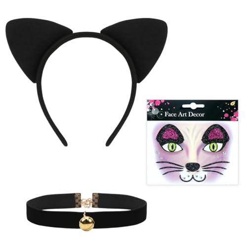 Aurasky Katzenkostüm Accessoires, Katzenohren Haarreif + Gesichtstattoo Katze + Halskette mit Glöckchen, Tierkostüm für Kinder Erwachsene Karneval Fasching Halloween Cosplay von Aurasky