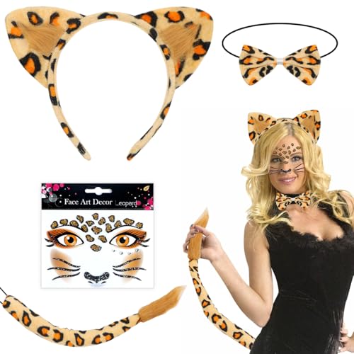 Aurasky Leoparden Kostüm Accessoires, Leoparden Ohren Haarreif + Leoparden Tattoo Gesicht + Schwanz +Fliege, Tierkostüm für Kinder Erwachsene Karneval Fasching Halloween Cosplay von Aurasky