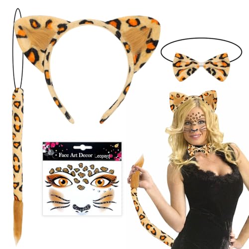 Aurasky Leoparden Kostüm Accessoires, Leoparden Ohren Haarreif + Leoparden Tattoo Gesicht + Schwanz +Fliege, Tierkostüm für Kinder Erwachsene Karneval Fasching Halloween Cosplay von Aurasky