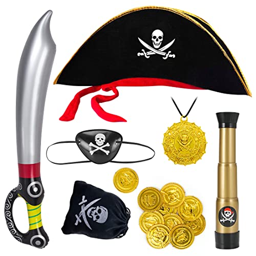 Aurasky Piraten Kostüm zubehör Kinder 7-teilig,Piratenhut Augenklappe Fernrohr Piratensäbel Totenkopfbeutel Goldenen Münzen für Kinder,Pirat Kostüm Zubehör Jungen und Mädchen für Fasching Karneval von Aurasky