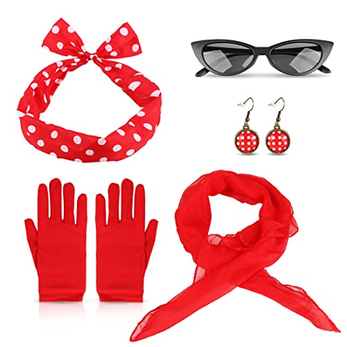 Aurasky Rockabilly Accessoires 50er Jahre, Kostüm Damen Zubehör Rot, Kleidung Vintage Zubehör 60er mit Stirnband Schal Brille Handschuhe Kleid für Karneval Motoparty Retro Teily Party von Aurasky