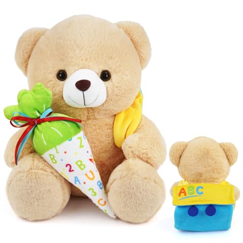 Aurasky Teddy Kuscheltier mit Schultüte und Schultüten zum Befüllen, Teddybär Stofftier Plüschtier, Plüschteddy für Schulanfang Jungen Mädchen 28cm von Aurasky