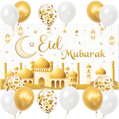 EID Mubarak Dekoration, EID Mubarak Hintergrund Banner, Ramadan Luftballons Weiß Gold Confetti, Ramadan Kareem Deko für Islam Eid Dekoration Partyzubehör von Aurasky