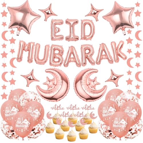 EID Mubarak Dekoration, Eid Mubarak Folienballon Girlande, Luftballons Roségold Confetti, Mond Stern Folienballon, Cake Topper, Ramadan Deko für Islam Eid Partyzubehör von Aurasky