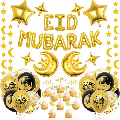 EID Mubarak Dekoration, Eid Mubarak Folienballon Girlande, Luftballons Schwarz Gold Confetti, Mond Stern Folienballon, Cake Topper, Ramadan Deko für Islam Eid Partyzubehör von Aurasky