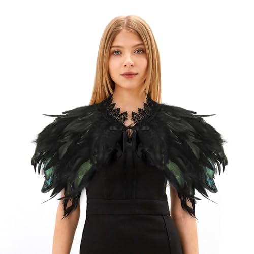 Federkragen Schwarz, Gothic Kostüm, Feder Cape, Federschal Umhang, Federumhang Damen, Feder Achselzucken, Raben Kostüm für Halloween Fasching Karneval Cosplay Maskerade von Aurasky