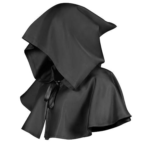 Halloween Kapuzen Kurz Umhang, Sensenmann Mantel Kostüm Gevatter Tod Kapuze, Halloween Vintage Mittelalter Unisex Kostüm Cosplay Zubehör Dress Up Tod für Erwachsene Halloween Karneval, Schwarz von Aurasky