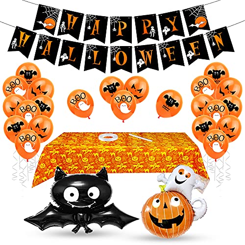 Halloween Party Deko Set, Folienballon Kürbis Schläger, Luftballons Orange Druck, Halloween Tischdecke, Happy Halloween Banner, Party Zubehör für Mottoparty Halloween Dekoration von Aurasky