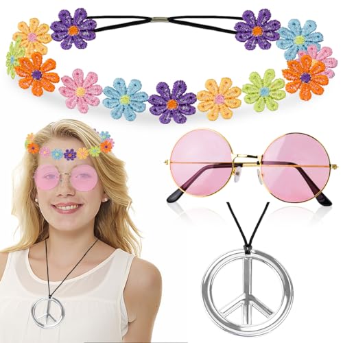 Hippie Accessoires Hippie Kostüm Zubehör, 70er Jahre Bekleidung Damen Flower Power Accessoires, Hippie Kleidung mit Retro Brille Halskette Hippie Bunte Girlanden für 60er 70er 80er Party Zubehör von Aurasky