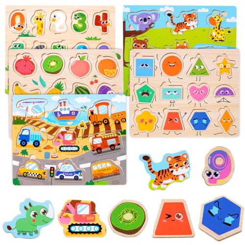 Holzpuzzle 5er Set, Steckpuzzle Holz ab 1 Jahr, Greifpuzzle, Tier Nummer Fahrzeuge Frucht Emotion Montessori Spielzeug, Kinderpuzzle Lernspielzeug, Holzpuzzle Baby von Aurasky