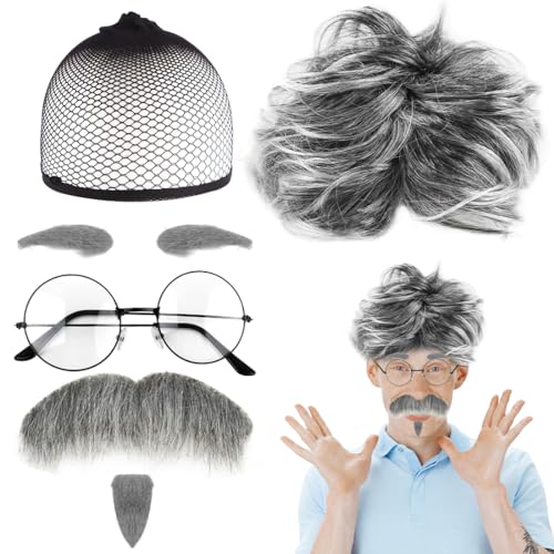 Opa Perücke Kostüm Set, 6 Stück Alter Mann Perücke Großvater Kostüm Cosplay Zubehör, Grandpa Opa Perücke Perücke Kappe Brillen Augenbrauen Schnurrbart Runde für Karneval Halloween von Aurasky