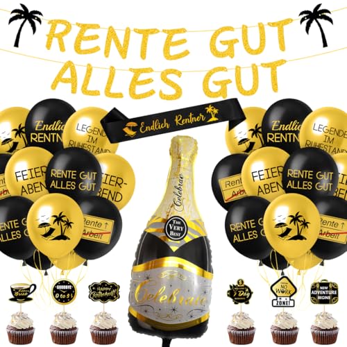 Ruhestand Deko, Rente Luftballons Banner Schärpe Tortendeko, Rentner Geschenk, Rente Deko Schwarz Gold, Rentner Deko für Männer Frauen Renteneintritt Pensionierung Abschied Party von Aurasky