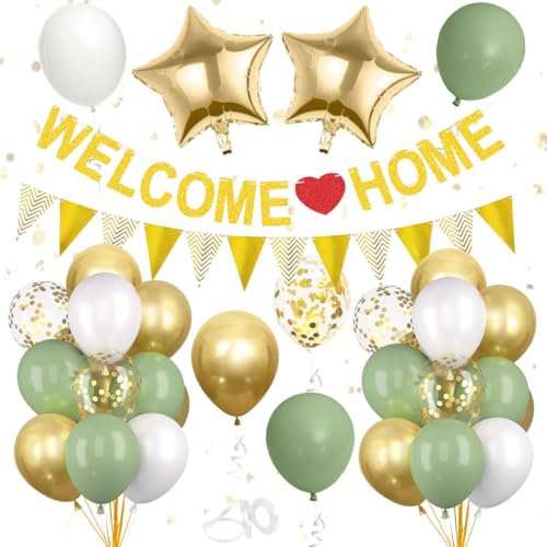 Willkommen Zuhause Deko, Willkommen Zuhause Girlande, Luftballons Grün Gold Konfetti, Welcome Home Banner Wimpelkette, für Babyshower Familienfeiern Einweihung Party Dekoration von Aurasky