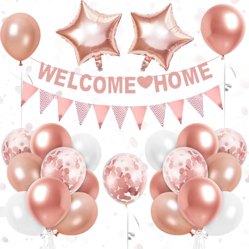 Willkommen Zuhause Deko, Willkommen Zuhause Girlande, Luftballons Roségold Konfetti, Welcome Home Banner Wimpelkette, für Babyshower Familienfeiern Einweihung Party Dekoration von Aurasky