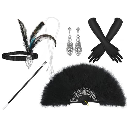 Aurgiarme 1920er Jahre Gatsbys Zubehör-Set für Damen, brüllende 20er-Jahre Zubehör, Flapper-Kostüm mit 20er-Jahre-Stirnband, Halskette, Handschuh, Ohrring, 1920er-Jahre-Kostüm-Zubehör-Set für Herren von Aurgiarme