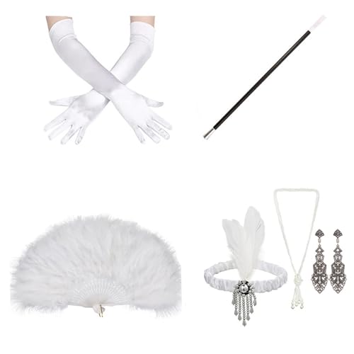Aurgiarme 1920er Jahre Gatsbys Zubehör-Set für Damen, brüllende 20er-Jahre Zubehör, Flapper-Kostüm mit 20er-Jahre-Stirnband, Halskette, Handschuh, Ohrring, 1920er-Jahre-Kostüm-Zubehör-Set für Herren von Aurgiarme