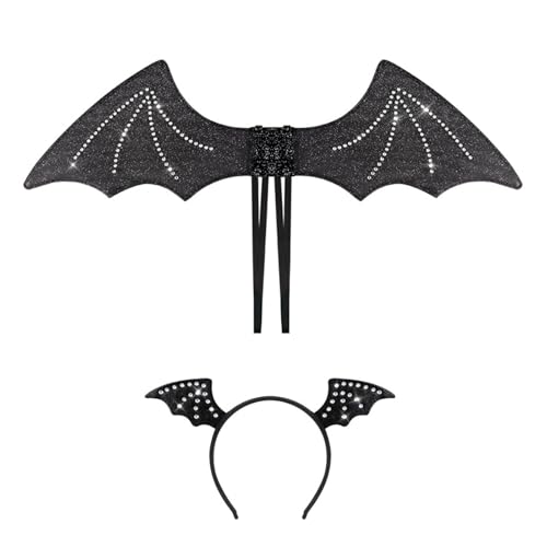 Aurgiarme Fledermausflügel mit Kopfbedeckung, Set, Halloween, schwarzer Flügel, Fledermaus-Ohren, Stirnband, Vampir-Kostüm, Flügel, Halloween-Kostüm-Zubehör von Aurgiarme