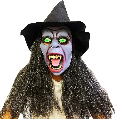 Aurgiarme Gruselige alte Frau Hexe mit Haaren Hut Horror Halloween Gesicht Gruseliges Cosplay Kostüm Fotoshootings Requisiten Geschenk Alte Frau Hexe für Erwachsene Realistische Alte Frau Mit Haaren von Aurgiarme