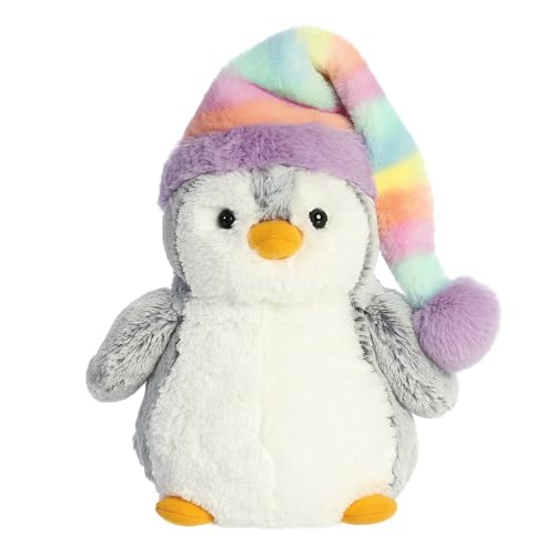 Aurora Festive PomPom Penguin Pom Pom Rainbow Hat Stofftier lebendige Begleiter endloser Spa Grau, 22,9 cm von Aurora