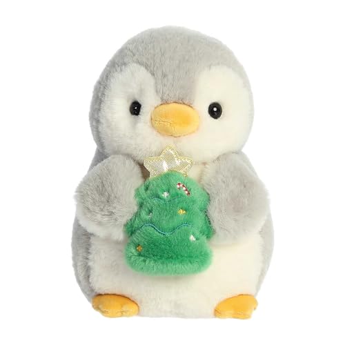 Aurora Festive PomPom Penguin Pompom mit Weihnachtsbaum, Stofftier lebendige Begleiter endloser Spa Grau, 20,3 cm von Aurora