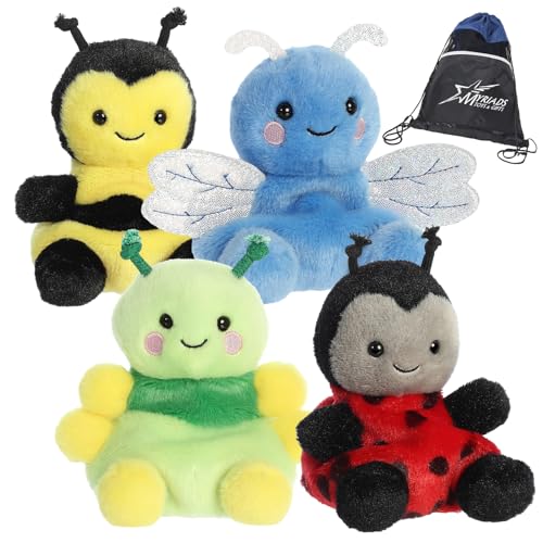 Aurora Palm Pals Plush - Bugs Bundle: Queeny Bee, Dart Dragonfly, Ivy Caterpillar, and Lil' Spots Ladybug with Exclusive Drawstring Bag von Aurora