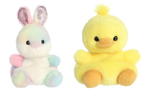 Aurora Plush Bundle of 2 Easter Palm Pals 4" Darling Duck and Opal Rainbow Bunny von Aurora