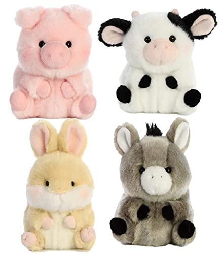 Aurora Rolly Pets Plüsch-Set mit 4 Stück, Bray Esel, Gänseblümchen, lebendiger Hase und Scherzschwein mit Bonus-Tasche, 12,7 cm von Aurora