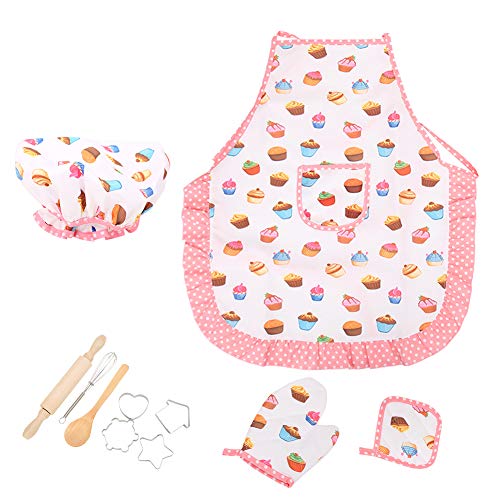 AuroraPeak Mädchen Koch Kostüm Kinder Koch Kostüm Rollenspiel Set, 11pcs Cupcake Muster, inklusive Schürze, Kochmütze, Kochhandschuh, Keksausstecher, Pretend Play Kitchen Baking Kit für Mädchen von AuroraPeak