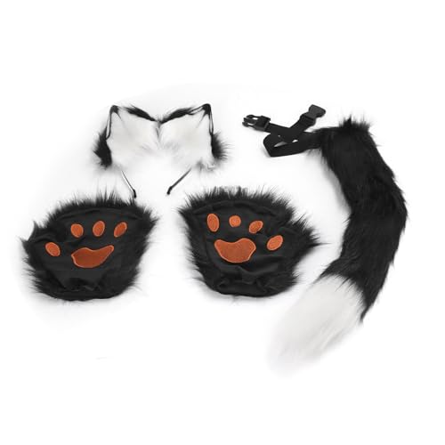 AuroraPeak Plüsch Ohr Paw Tail Set Plüsch Ohr Paw Tail Set Kunstfell Wolf Katze Karneval Party Cosplay Weiß Schwarz von AuroraPeak