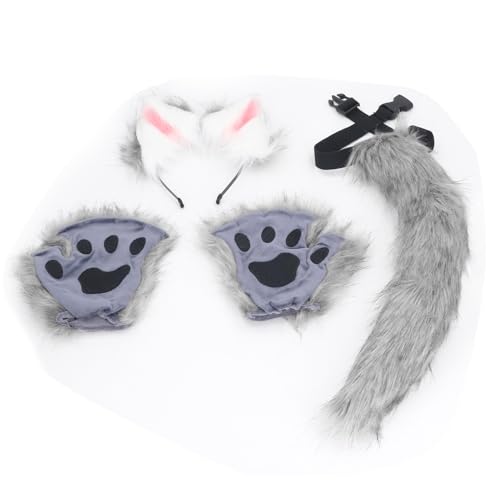 AuroraPeak Plüsch Ohr Stirnband Schwanz Set Kunstfell Plüsch Wolf Katze Ohr Schwanz Pfote Set für Cosplay Karneval Party Dunkelgrau von AuroraPeak