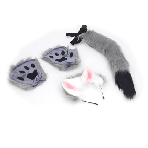 AuroraPeak Plüsch Stirnband Pfotenschwanz Set Plüsch Kunstfell Wolf Katze Ohr Paw Tail Set für Cosplay Karneval Party Grau von AuroraPeak