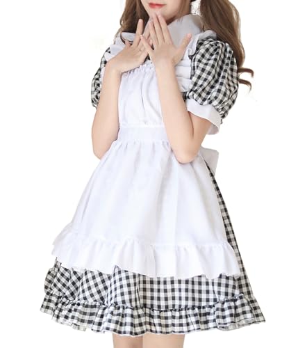 Aurueda French Maid Dress Cosplay Anime Halloween Kostüm Maid Outfit Niedliche Maid Kostüm Set mit Kleid Schürze Kopfbedeckung für Halloween Maid Costume Kariert, Größe L von Aurueda