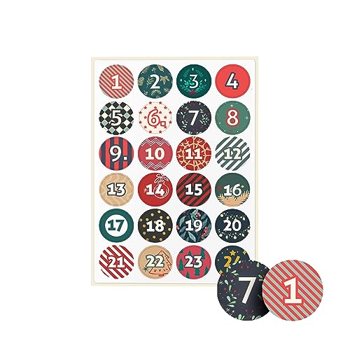 Adventskalender Aufkleber – 24 Sticker im Set – Adventskalender Zahlen für Weihnachten 2024 – 5 verschiedene Motive – Zahlen Aufkleber für Adventskalender Tüten – Kalender Sticker- BUNT von Ausgewählt verpackt