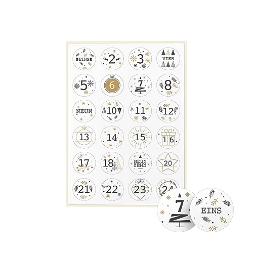 Adventskalender Aufkleber – 24 Sticker im Set – Adventskalender Zahlen für Weihnachten 2024 – 5 verschiedene Motive – Zahlen Aufkleber für Adventskalender Tüten – Kalender Sticker - UNIQUE von Ausgewählt verpackt