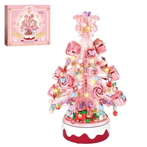 Auspcers Weihnachten Spieluhr Bausteine Bausatz, 900 Klemmbausteine Rosa Kristall Weihnachtsbaum Spieluhr Modellbausatz, Weihnachtsbaum Musikbox Kompatibel mit großen Marken von Auspcers