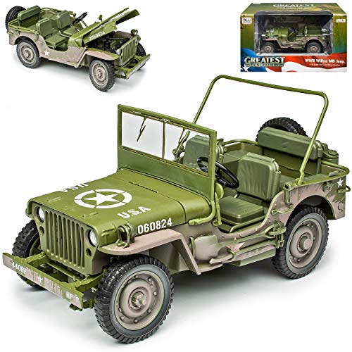 Auto world Jeep Willys 1/4 TON Army Truck Grün USA Army 2. Weltkrieg Offen 1/18 Modell Auto mit individiuellem Wunschkennzeichen von Auto World