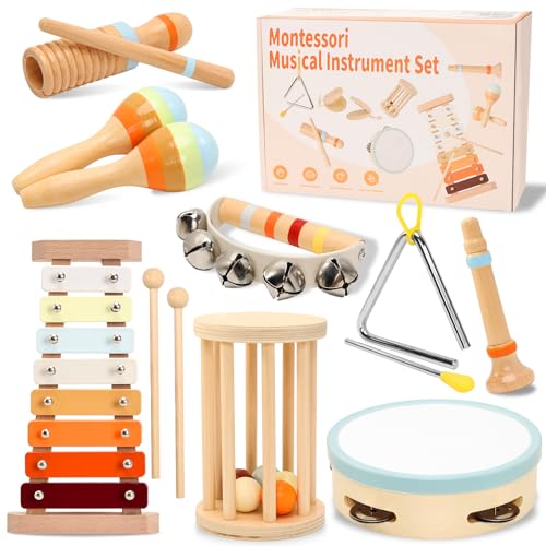 Autotechnx 8er-Set Baby-Musikinstrumente, Montessori-Holz-Percussion-Spielzeug für Kleinkinder, neutrale Farben, Xylophon mit Geschenk-Box, für 1 Jahr alte Jungen und Mädchen, Weihnachten, von Autotechnx