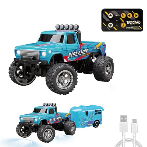 Autroly Mini-RC-Truck mit Anhänger, Mini-RC-Monstertruck, Mini-RC-Monstertruck mit Anhänger, Maßstab 1:64, ferngesteuertes Auto, 2,4 GHz Rc Monstertruck (mit Anhänger, blau) von Autroly