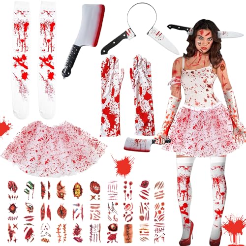 Auzlya Halloween Blut Horror Kostüm Damen Set,Halloween Kostüm,Tutu-Röcken und Strümpfen Blutbefleckten Handschuhen Tattoo-Aufklebern Messer-Stirnband, Machete,Halloween Erwachsene Party Cosplay von Auzlya